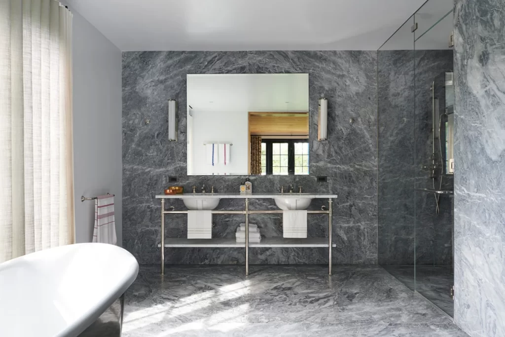Breccia Portofino Marble bathroom.