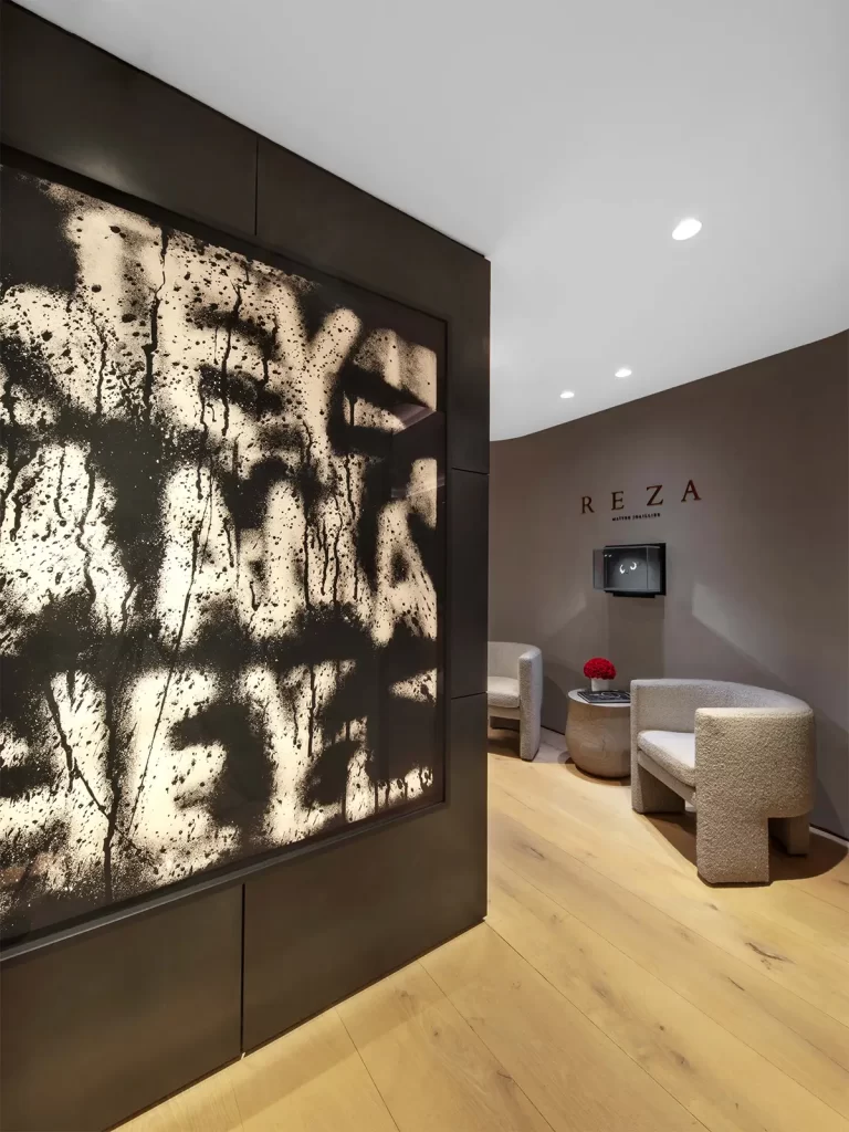 Main entrance to sky-high atelier REZA. Painting by Adam Pendleton.