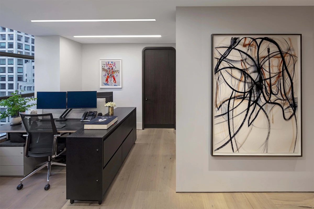 Office featuring drawings by Robert Nava and Nigel Cooke.